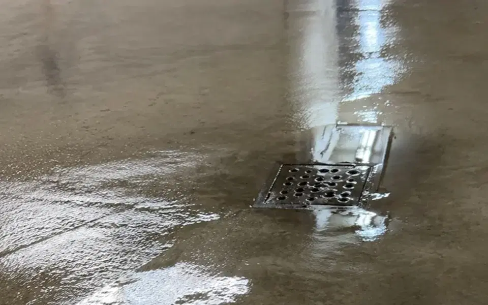 Zone du drain après rinçage, avec moins de dépôts et un béton encore mouillé