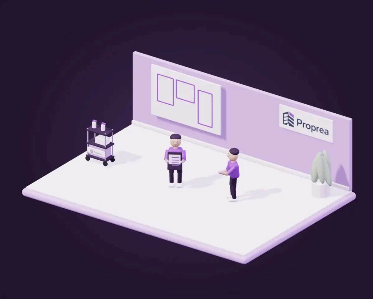 Illustration Proprea : visite d’un immeuble avec plan, liste de vérification et échange entre deux personnes.
