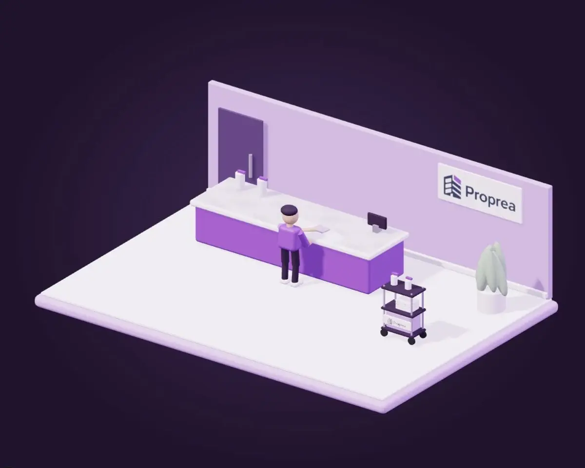 Illustration Proprea : un agent essuie un comptoir et ses points de contact, avec produit et microfibres à portée de main.