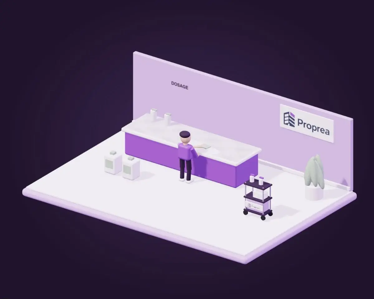 Illustration Proprea : nettoyage d’une table avec microfibre, bouteilles rechargeables et contenants de dosage.