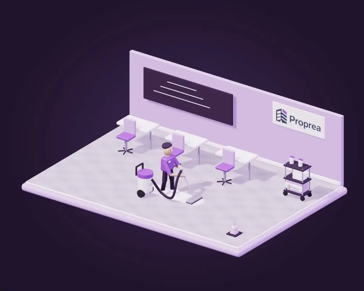 Illustration Proprea : nettoyage d’une salle de classe avec tables, tableau et agent équipé d’un aspirateur.