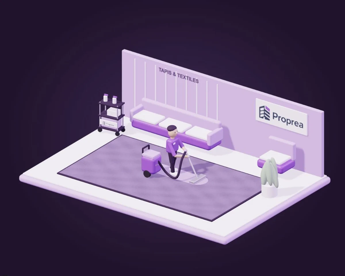 Illustration Proprea : nettoyage d’un tapis avec un injecteur-extracteur dans un espace meublé.