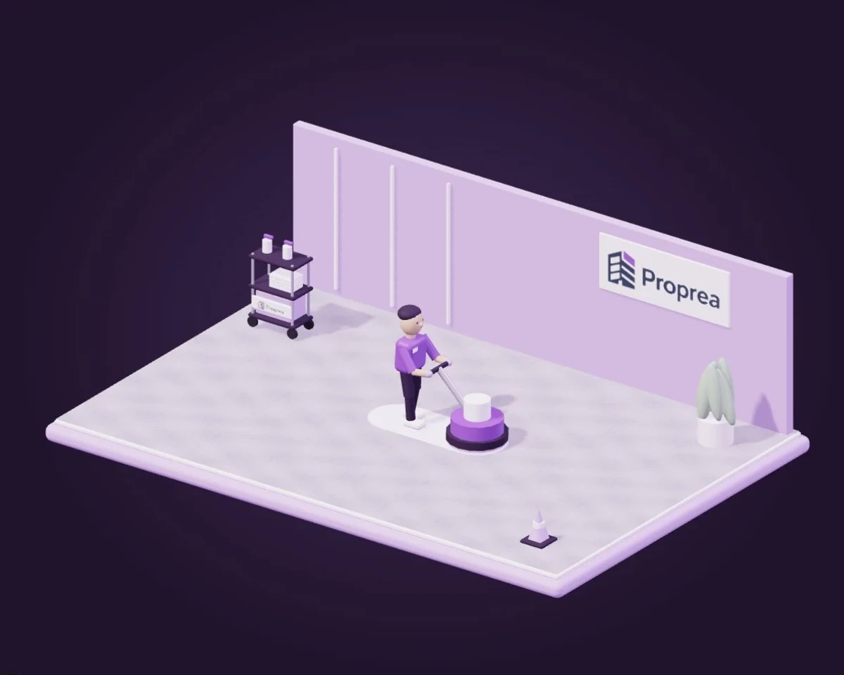 Illustration Proprea : un agent utilise une monobrosse sur un plancher, dans une zone balisée avec chariot d’entretien.