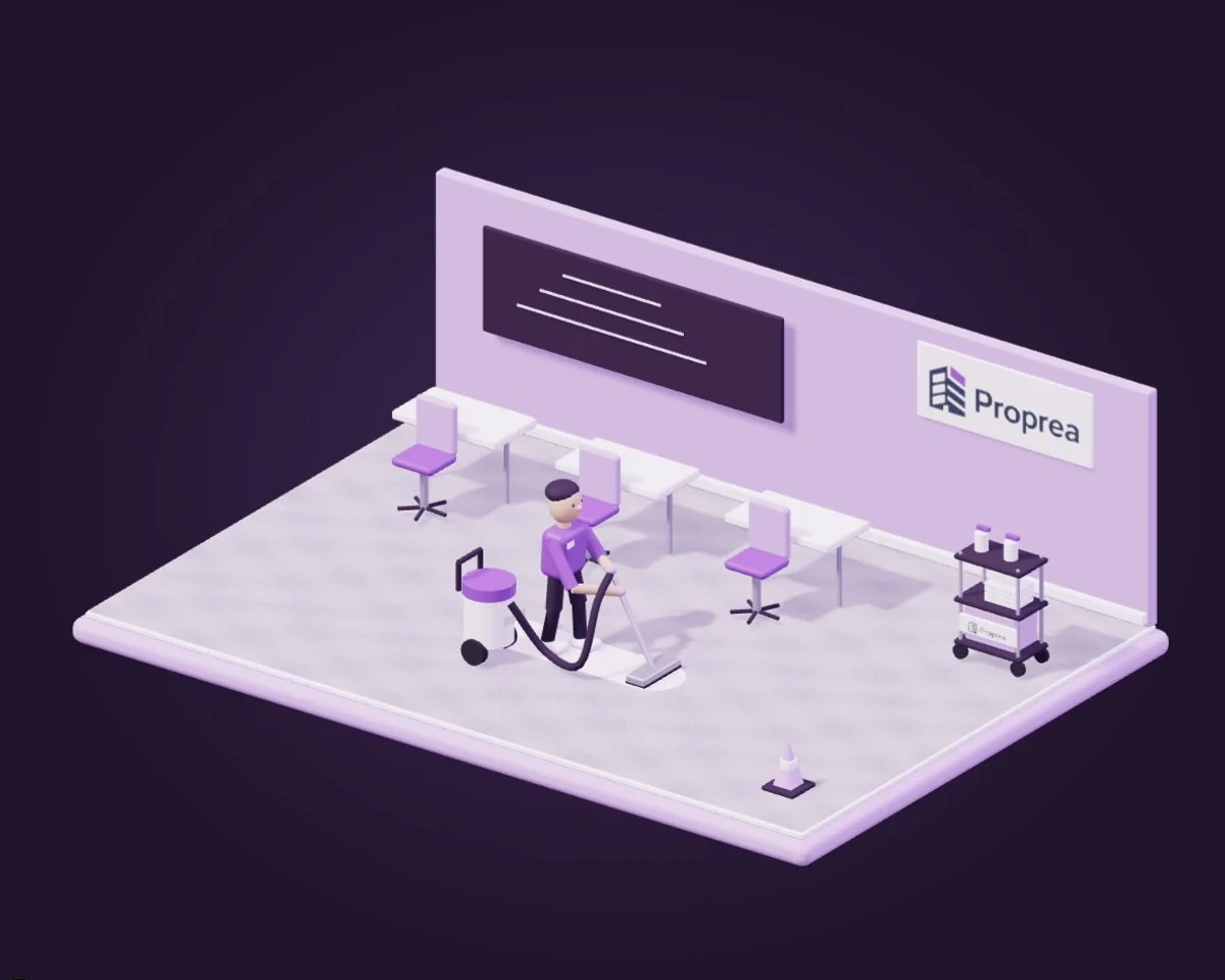 Illustration Proprea : nettoyage d’une salle de classe avec tables, tableau et agent équipé d’un aspirateur.