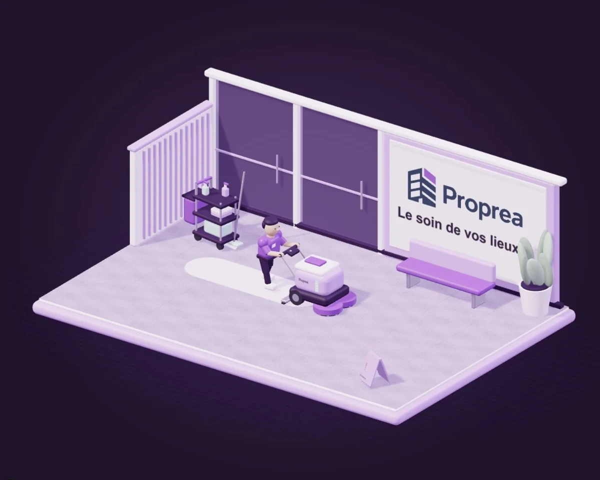 Illustration Proprea : un agent pousse une autolaveuse dans un hall d’immeuble, avec un chariot d’entretien à proximité.