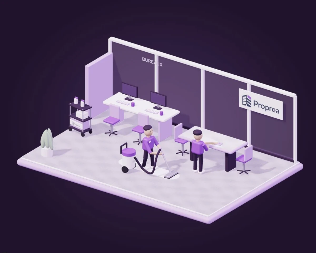 Illustration Proprea : nettoyage d’une table de réunion et aspiration entre les postes de travail.