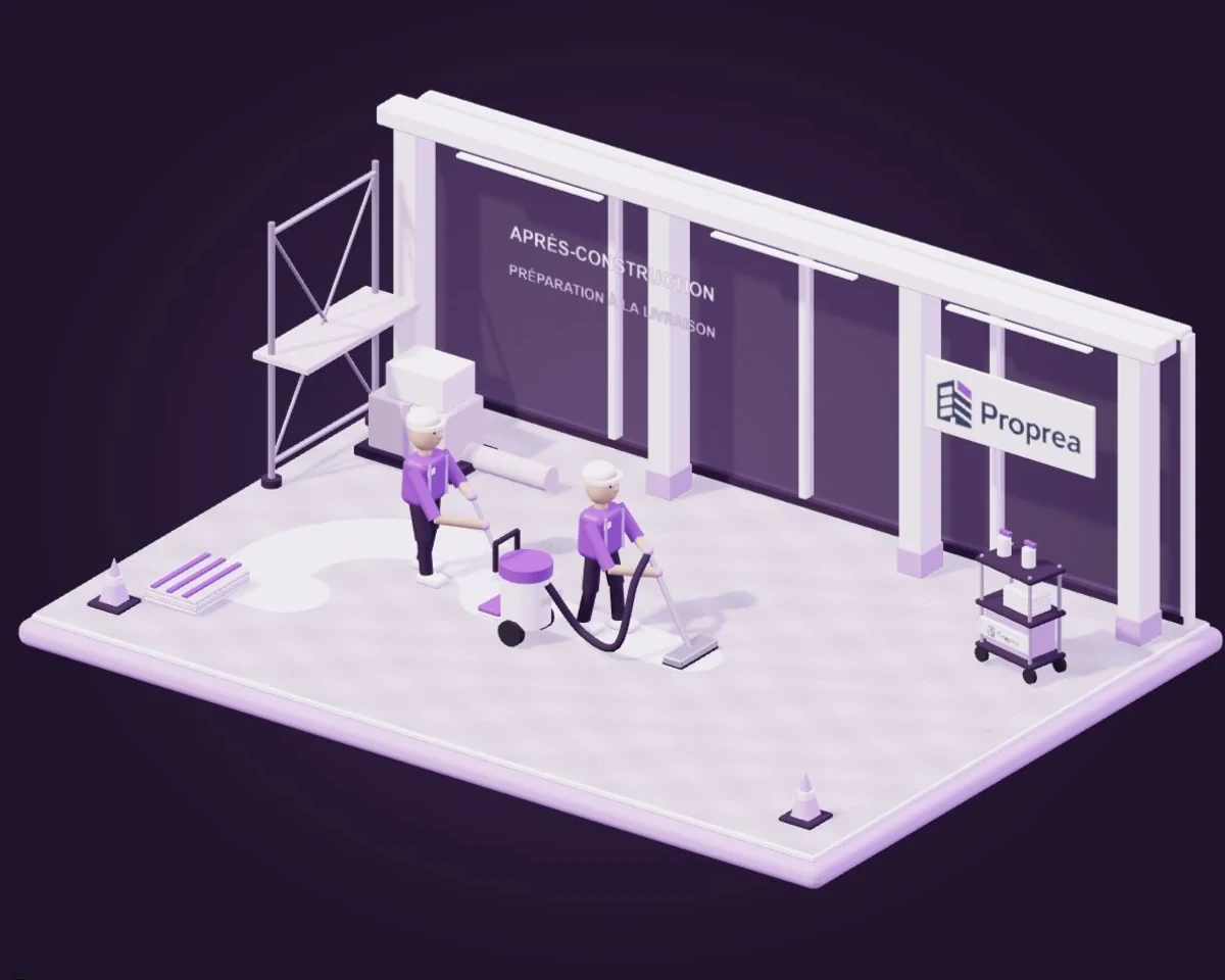 Illustration Proprea : équipe casquée, aspirateur professionnel et balai à plat dans un espace neuf avec matériaux et protections de chantier.