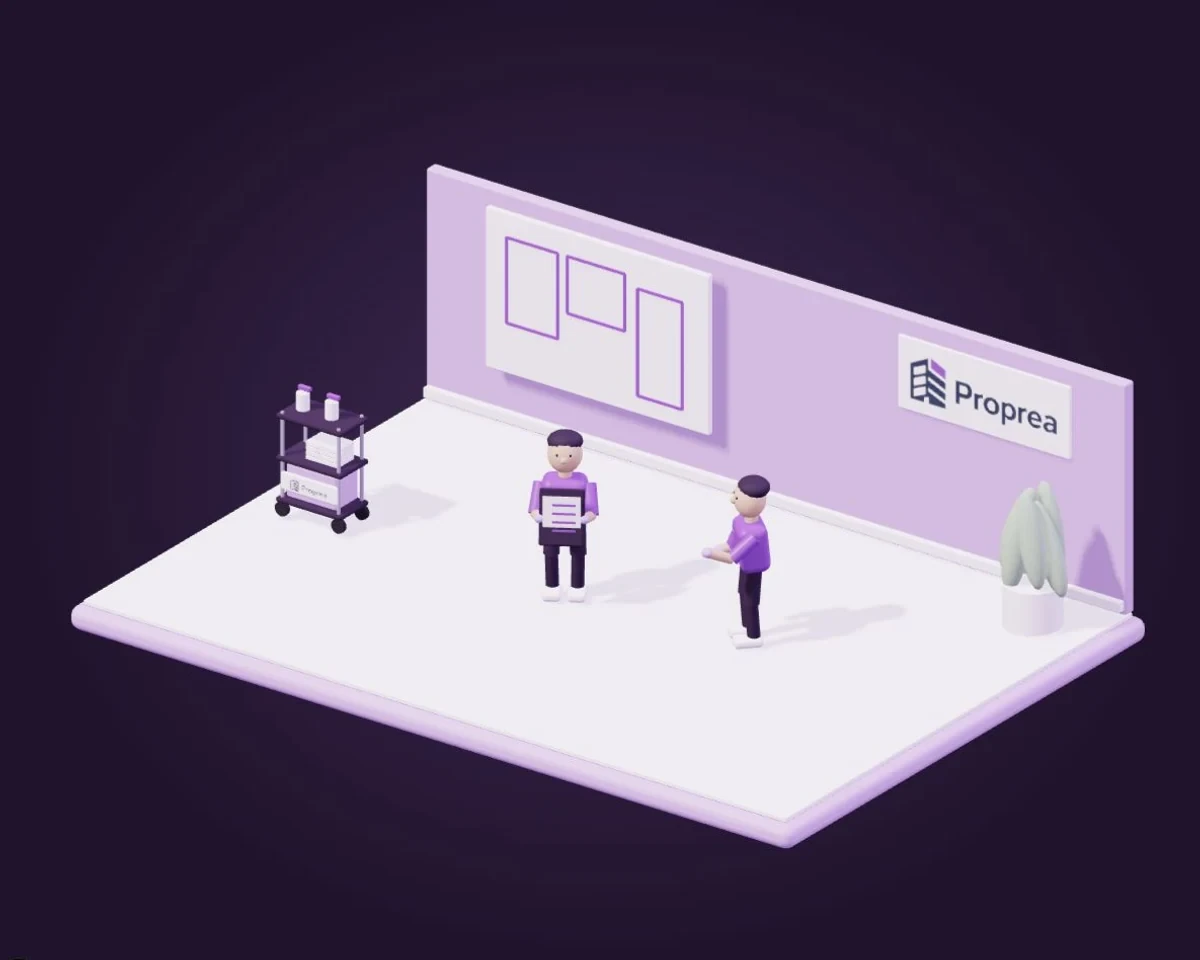 Illustration Proprea : visite d’un immeuble avec plan, liste de vérification et échange entre deux personnes.