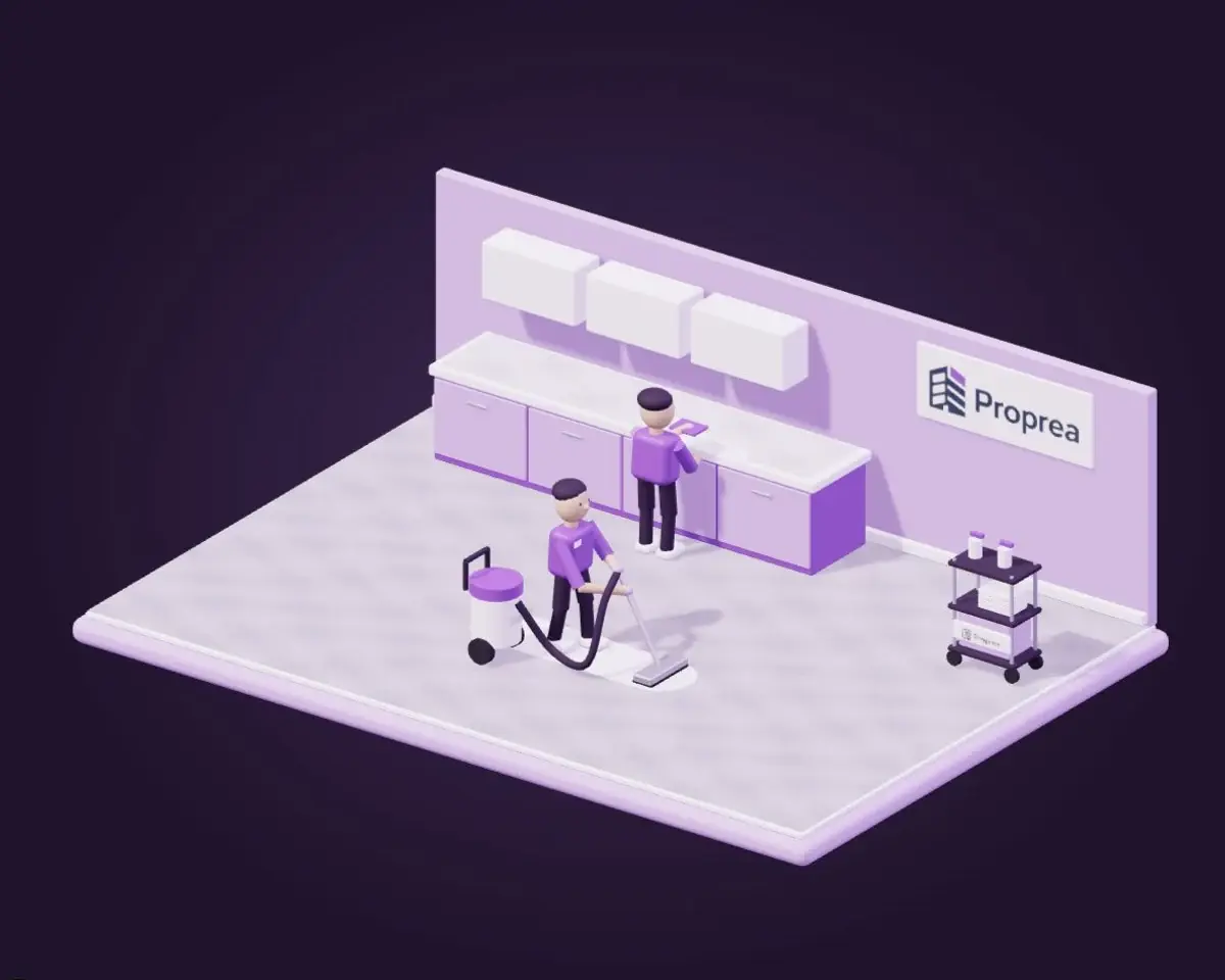 Illustration Proprea : nettoyage approfondi d’une cuisine, avec essuyage du comptoir et aspiration du sol.