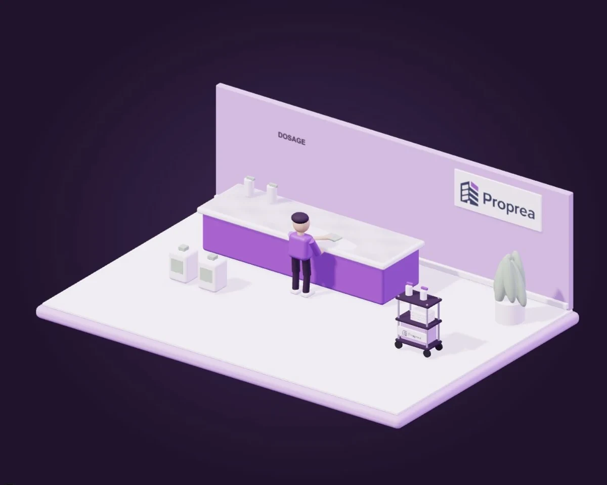 Illustration Proprea : nettoyage d’une table avec microfibre, bouteilles rechargeables et contenants de dosage.