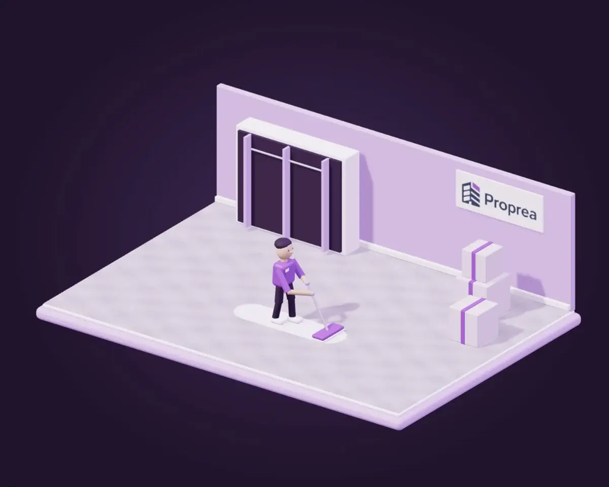 Illustration Proprea : nettoyage d’un logement vidé, avec quelques cartons de déménagement et des placards ouverts.