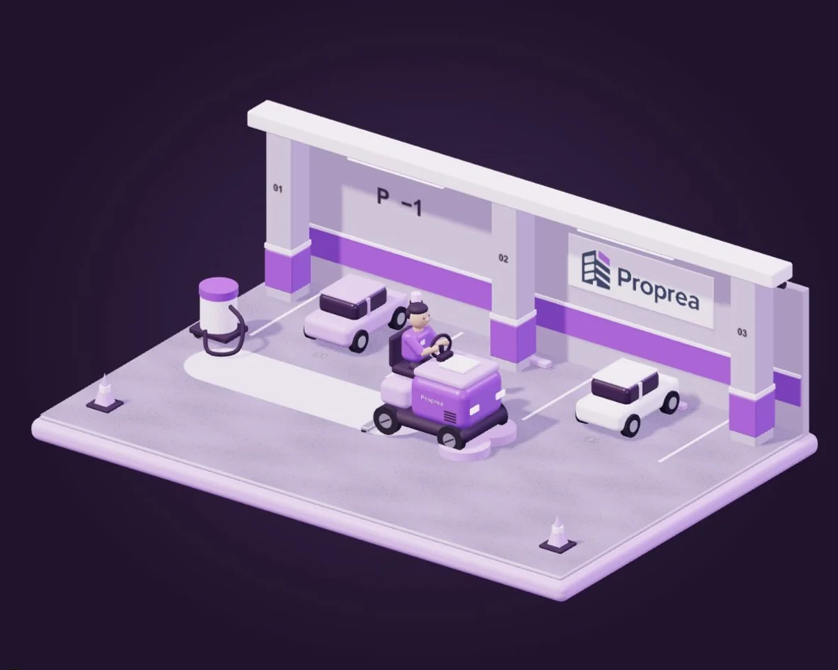 Proprea illustration: underground parking cleaning with a ride-on scrubber, concrete columns and parking markings.