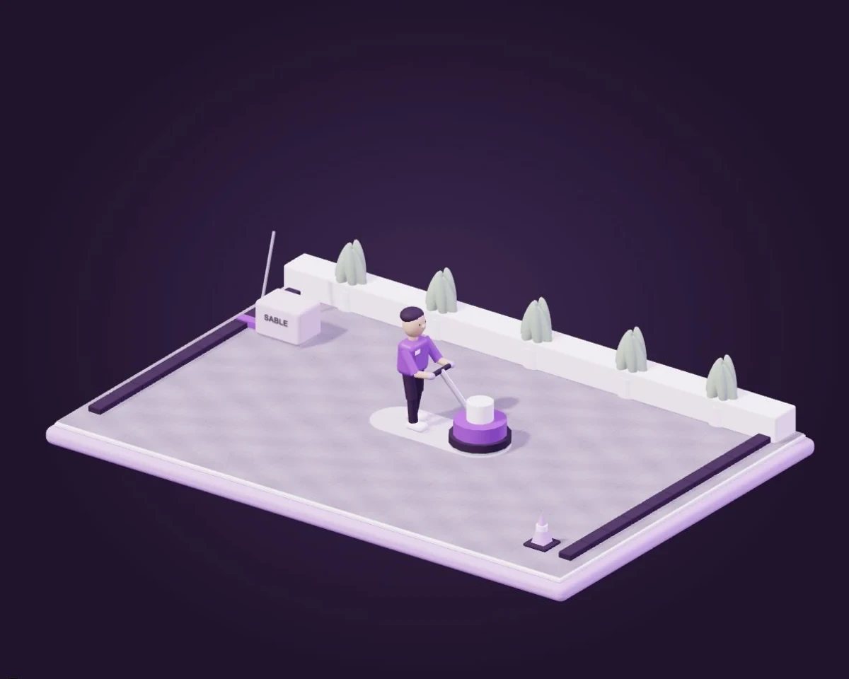 Illustration Proprea : nettoyage de pavés avec une brosse mécanique, près d’un bac de sable et d’une bordure paysagée.