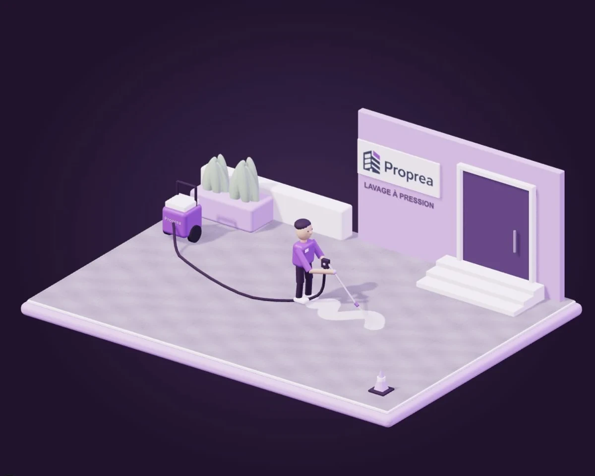 Illustration Proprea : un agent nettoie une entrée extérieure avec un jet en éventail relié à un appareil à pression.