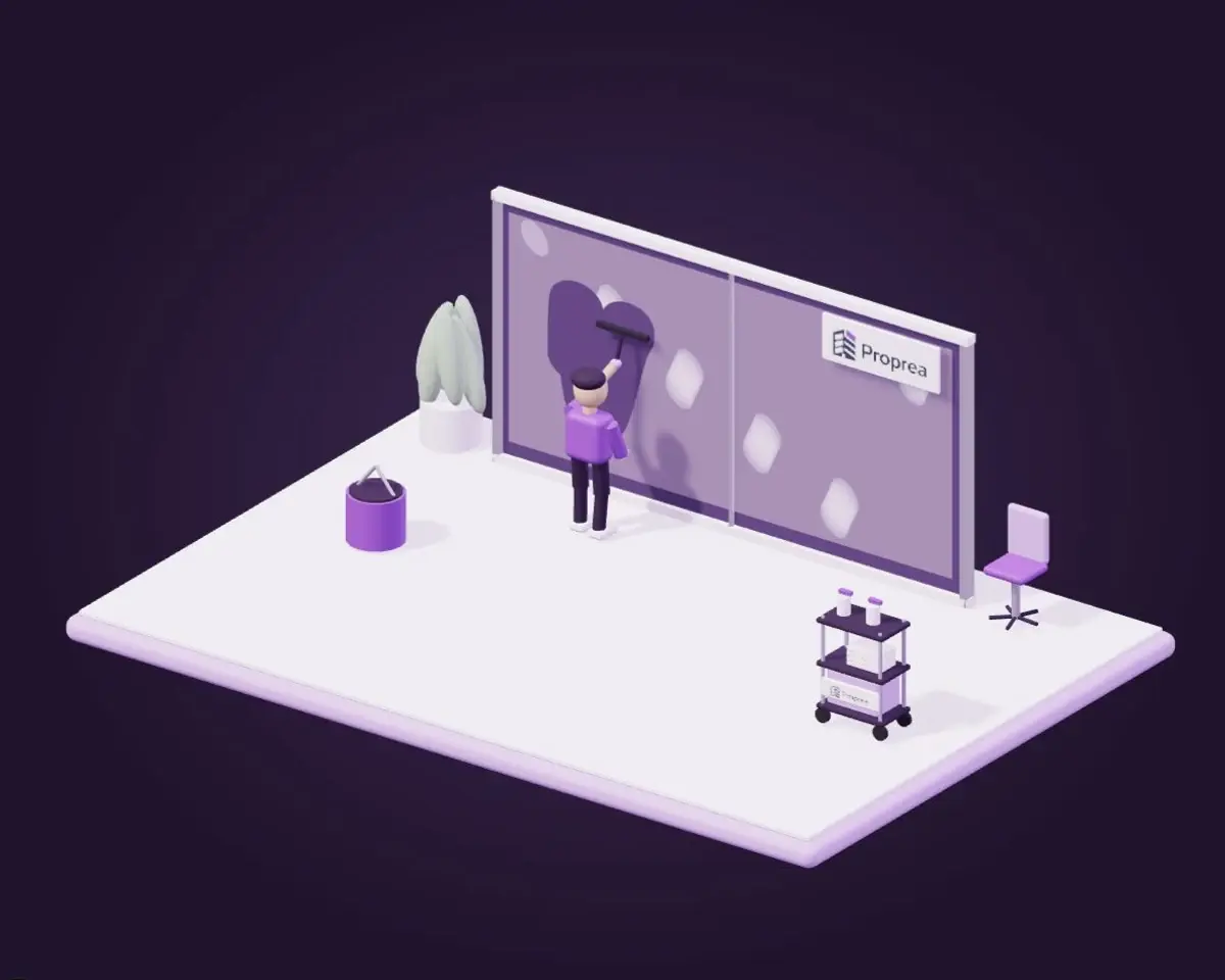 Illustration Proprea : nettoyage à la raclette d’une cloison vitrée intérieure, avec seau et microfibres.